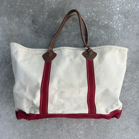 Vtg. LL Bean Boat & Tote XL Zipper Top Canvas Red Trim W/Leather Handles - Picture 1 of 8
